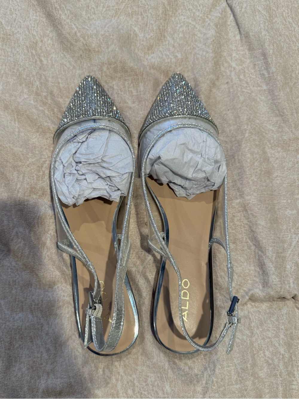 Aldo Silver Sparkle Pointed Slingback Flats with Glitter Toe